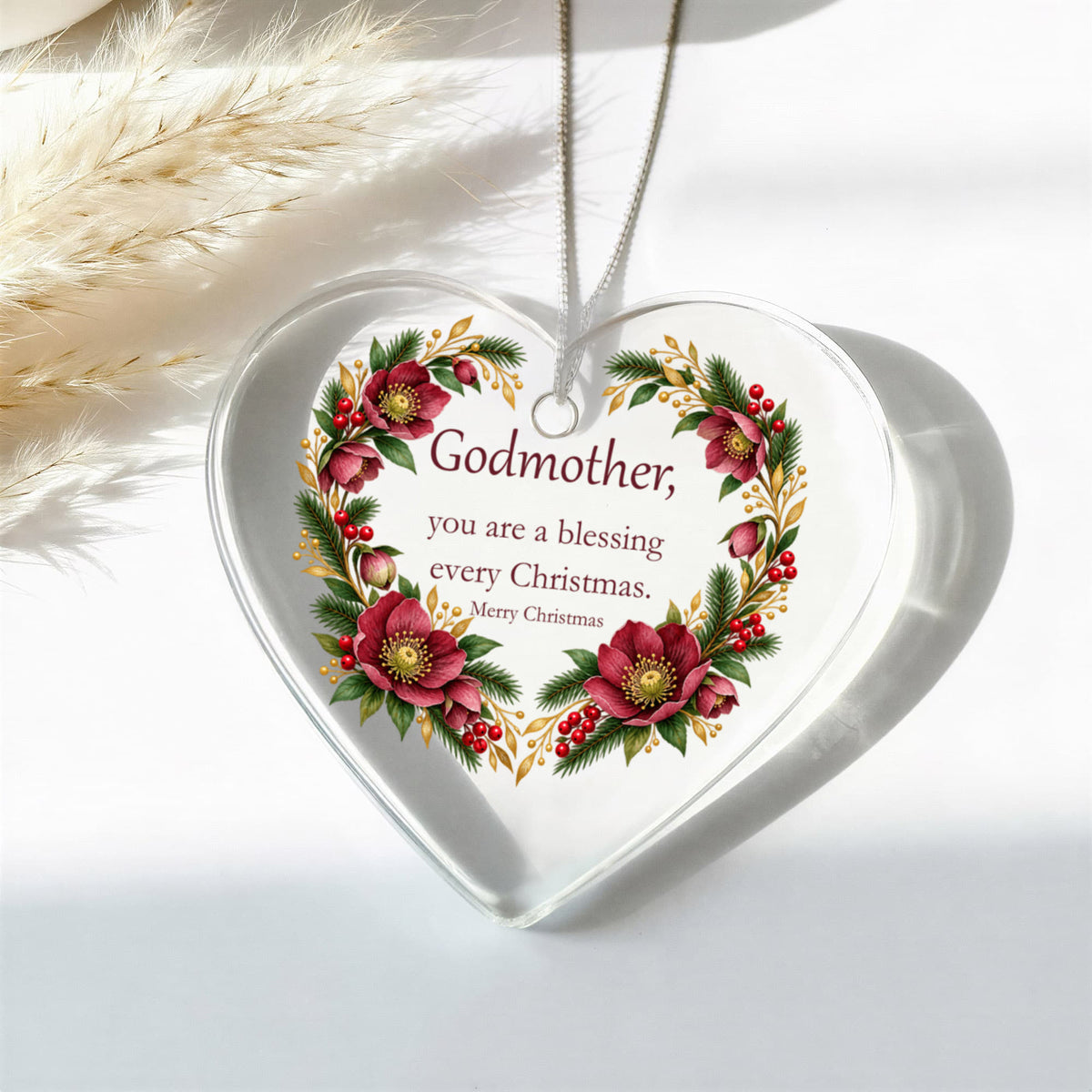 Godmother Christmas Ornament - Burgundy Floral Clear Acrylic Heart