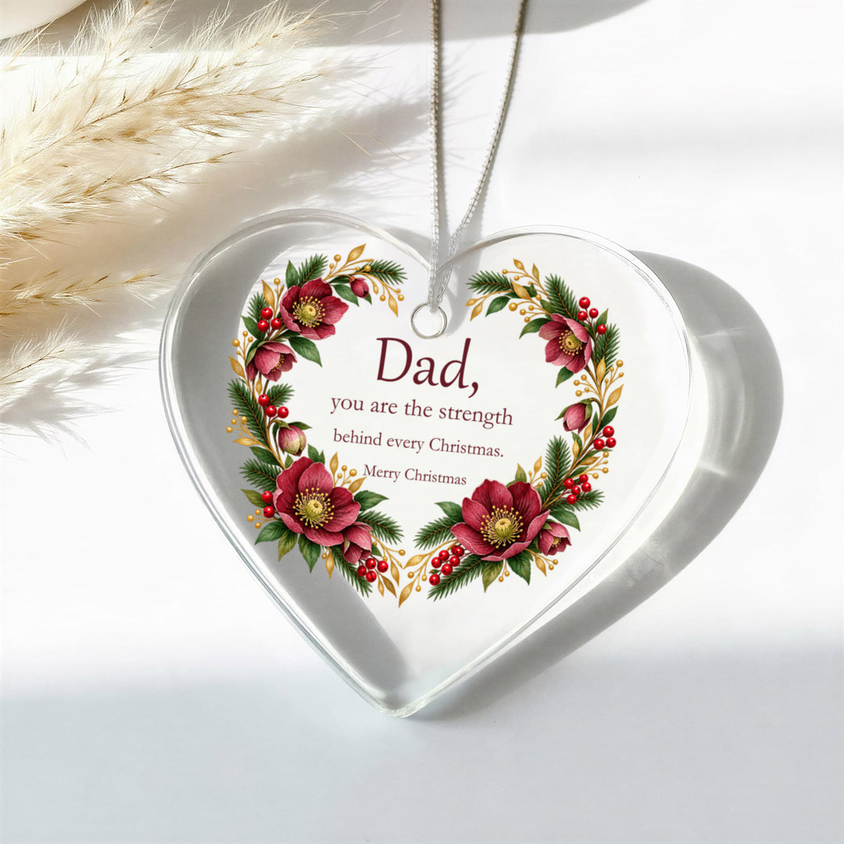 Dad Christmas Ornament - Burgundy Floral Clear Acrylic Heart