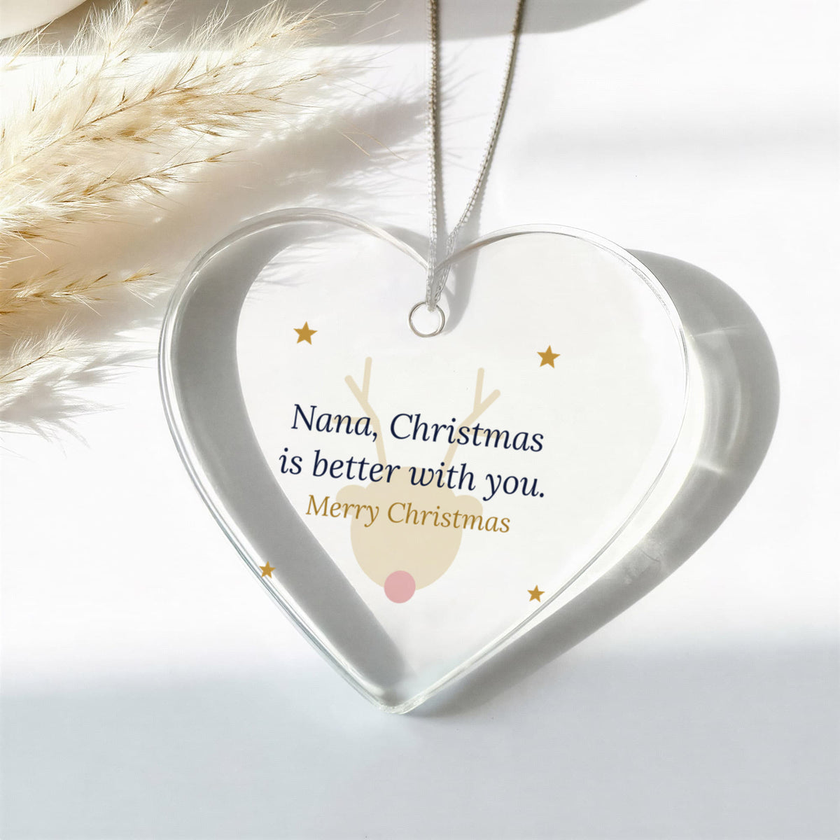 Christmas Ornament for Nana, Clear Acrylic Heart with Reindeer and Stars