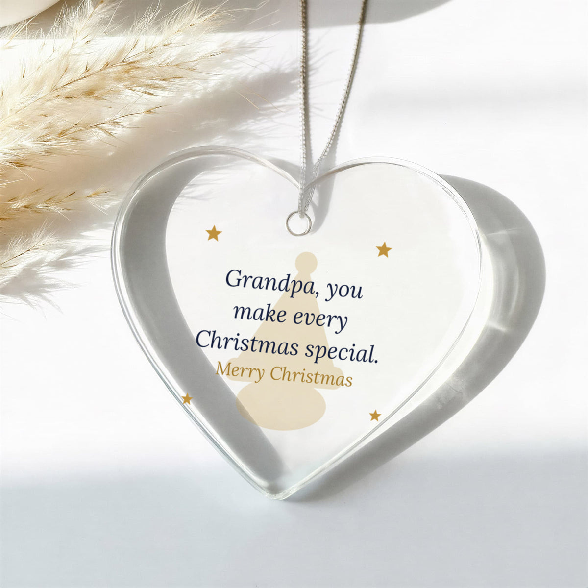 Christmas Ornament for Grandpa, Clear Acrylic Heart with Santa Hat and Stars