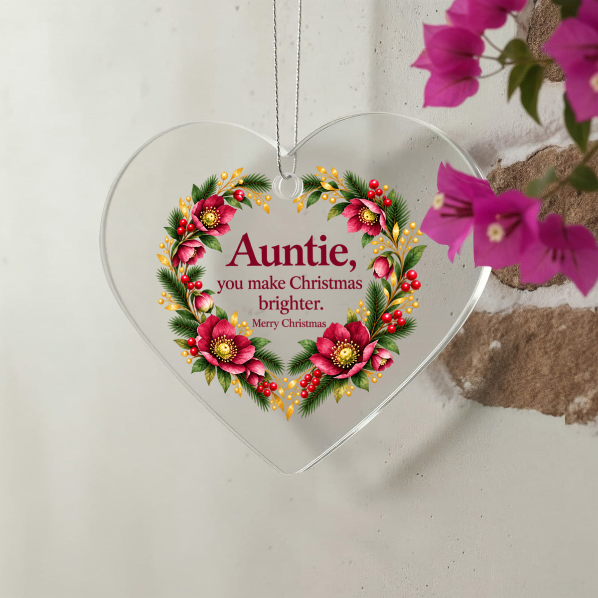Auntie Christmas Ornament - You Make Christmas Brighter - Burgundy Floral Heart