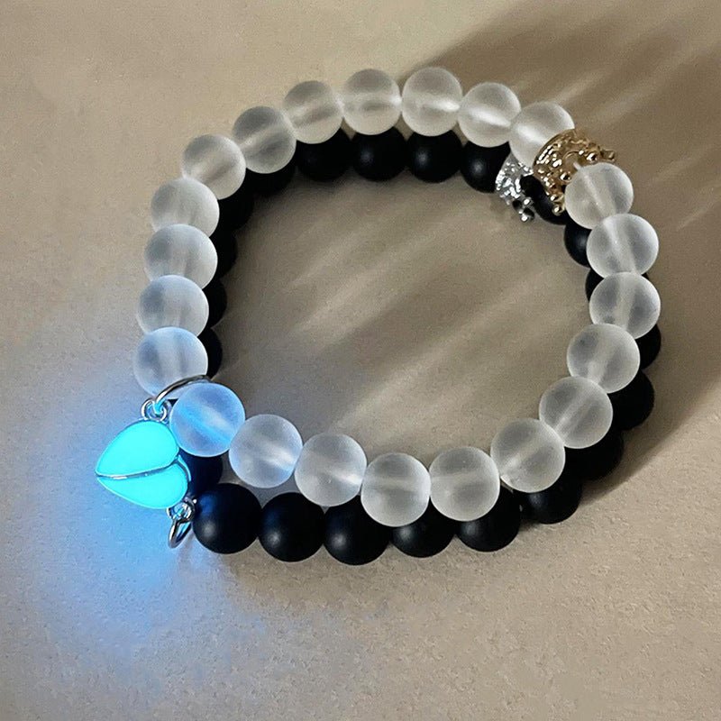 Fashion Jewelry 2pcs Handmade Crown Beaded Charms Bracelet Luminou Heart Glow In The Dark Couple Bracelet For Lover Men Women Fluorescent Gift - Babaccam