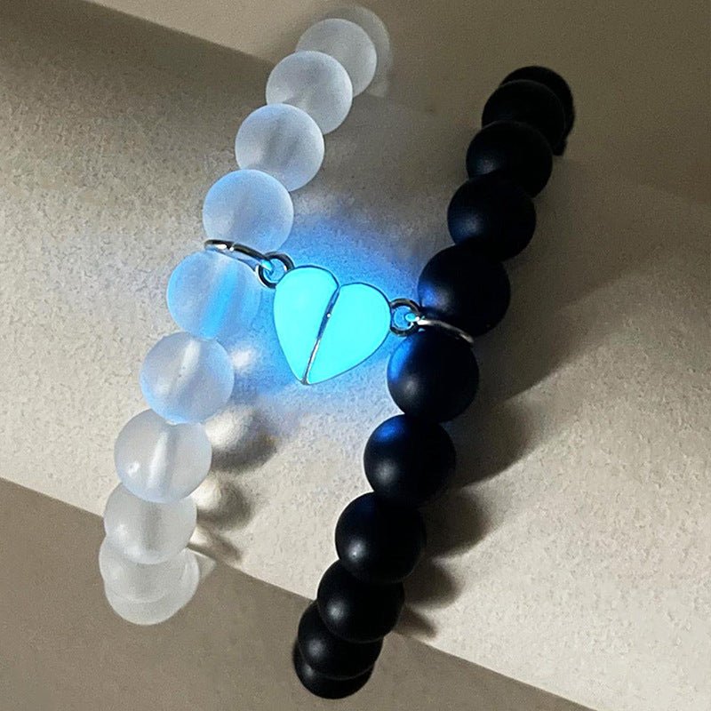 Fashion Jewelry 2pcs Handmade Crown Beaded Charms Bracelet Luminou Heart Glow In The Dark Couple Bracelet For Lover Men Women Fluorescent Gift - Babaccam