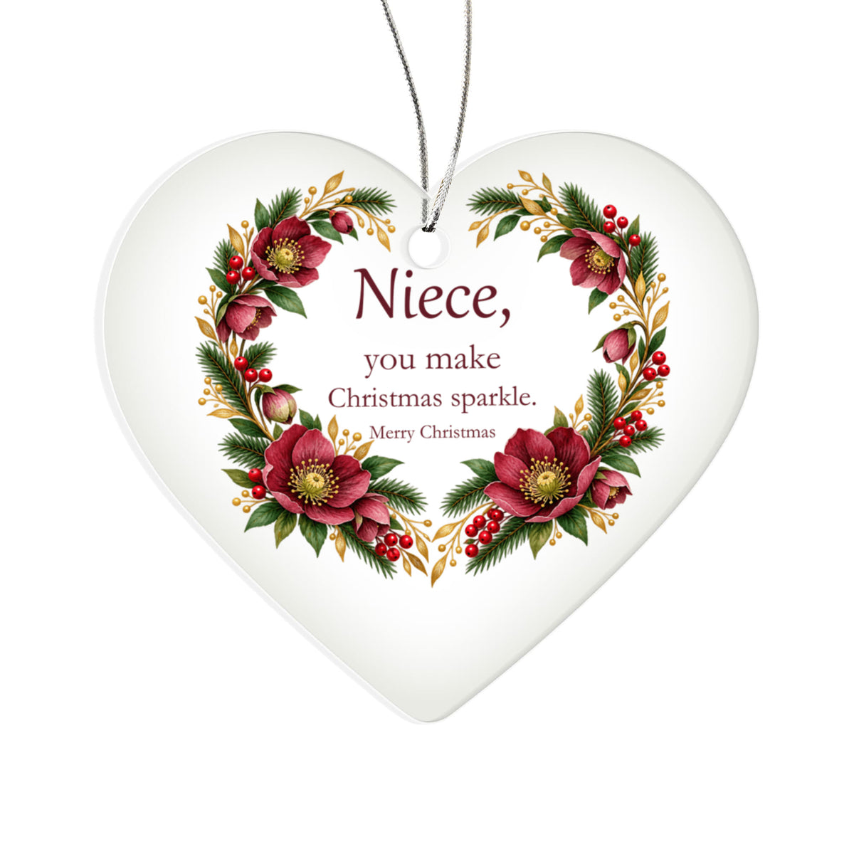 Niece Christmas Ornament - Burgundy Floral Clear Acrylic Heart