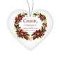 Cousin Christmas Ornament - Burgundy Floral Clear Acrylic Heart