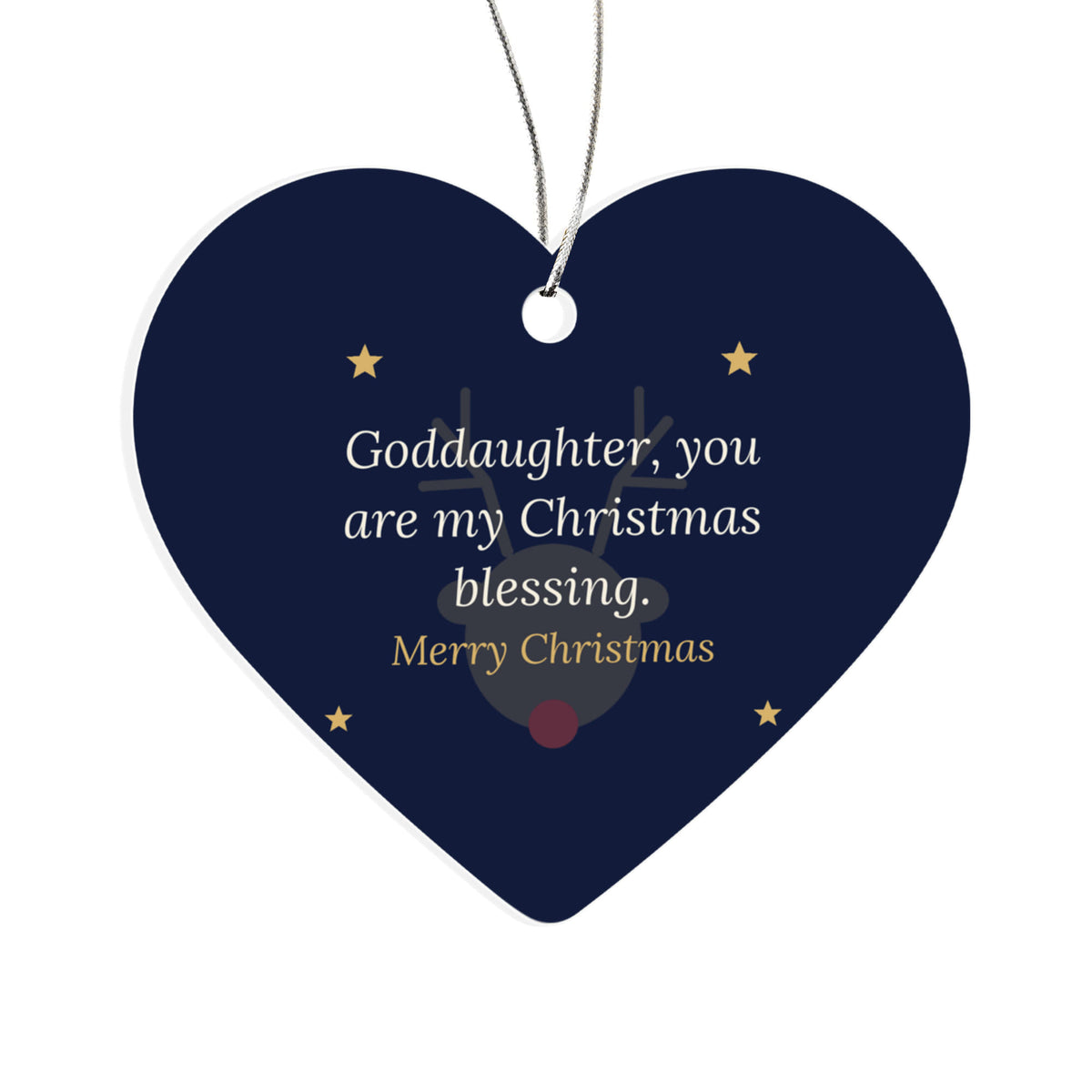 Christmas Ornament for Goddaughter, Acrylic Heart with Reindeer and Stars