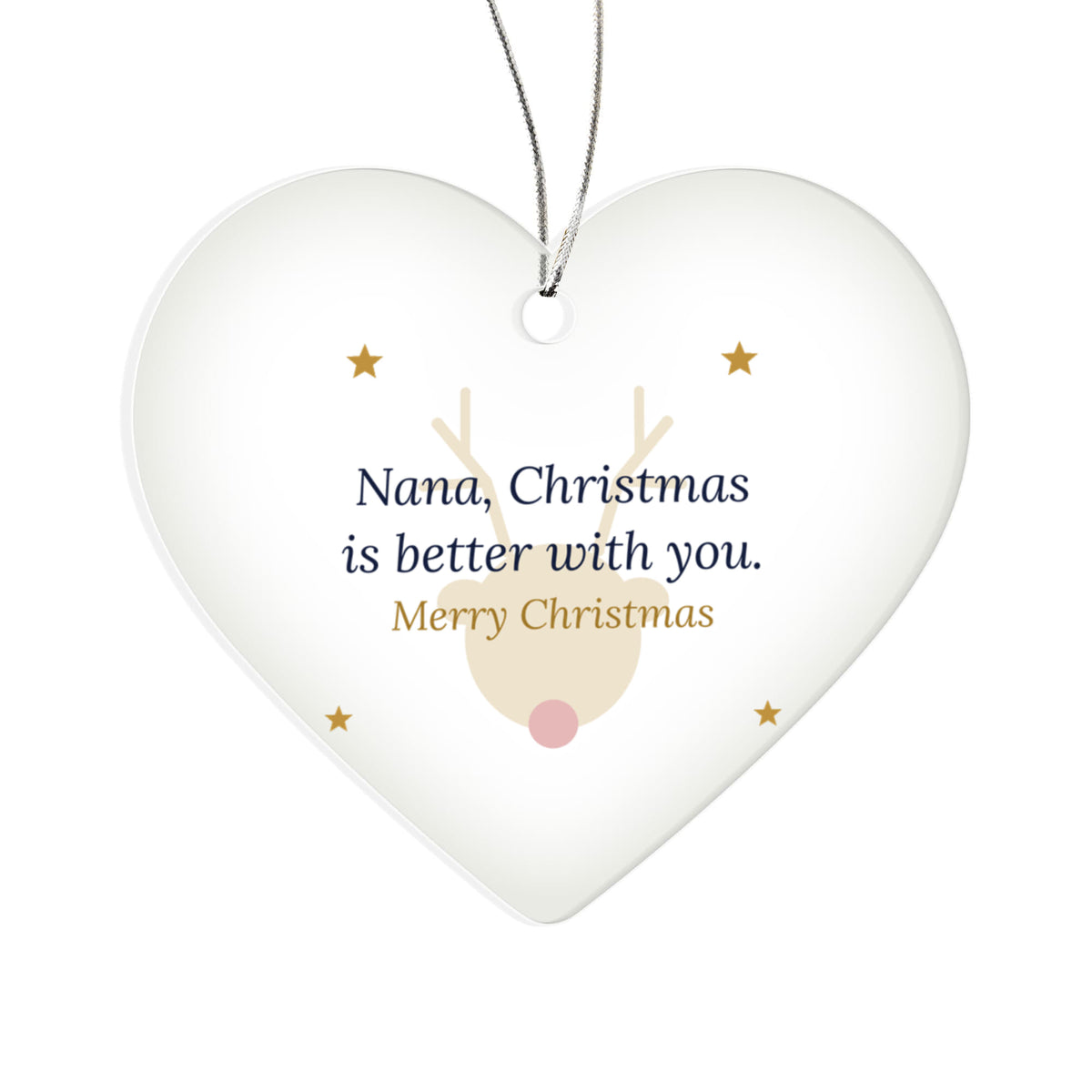 Christmas Ornament for Nana, Clear Acrylic Heart with Reindeer and Stars