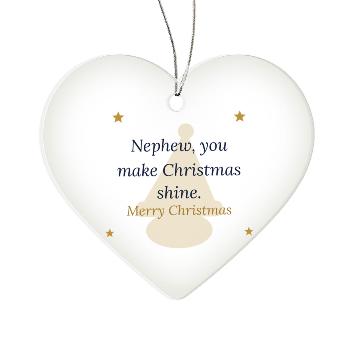 Christmas Ornament for Nephew, Clear Acrylic Heart with Santa Hat and Stars