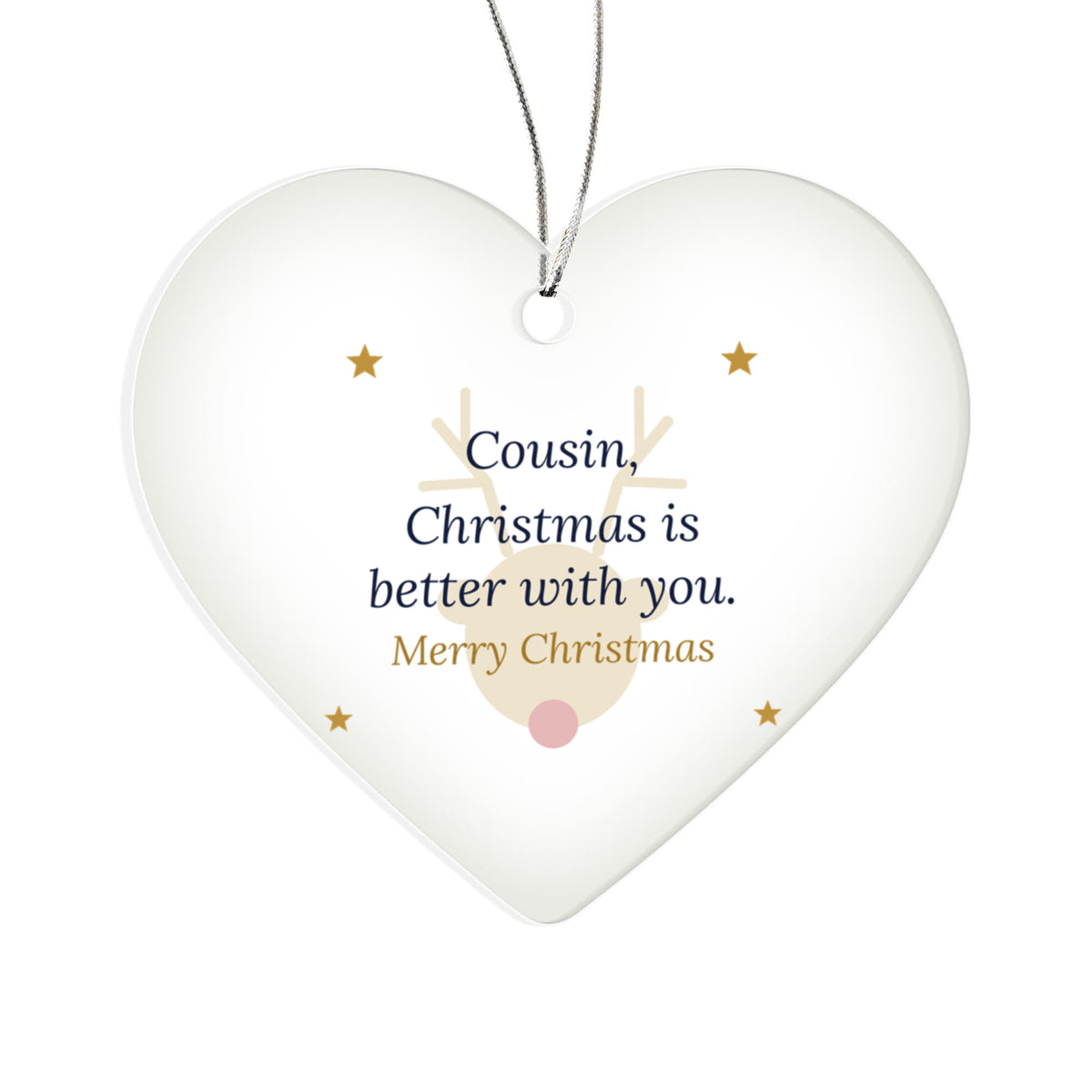 Christmas Ornament for Cousin, Clear Acrylic Heart with Reindeer and Stars