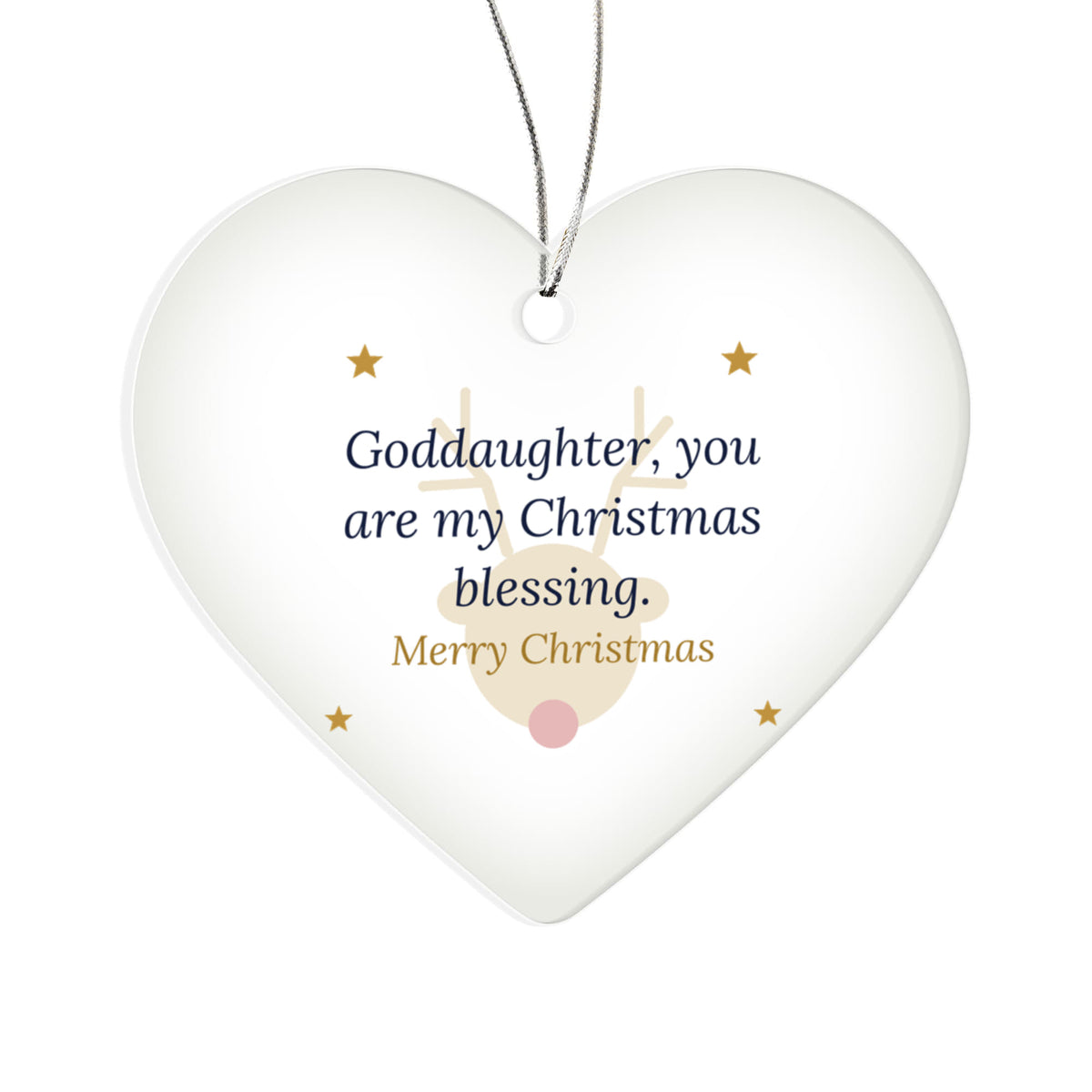 Christmas Ornament for Goddaughter, Clear Acrylic Heart with Reindeer and Stars