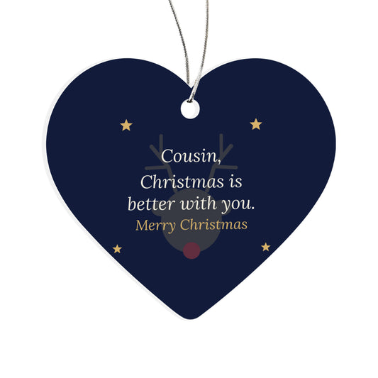 Christmas Ornament for Cousin, Acrylic Heart with Reindeer and Stars