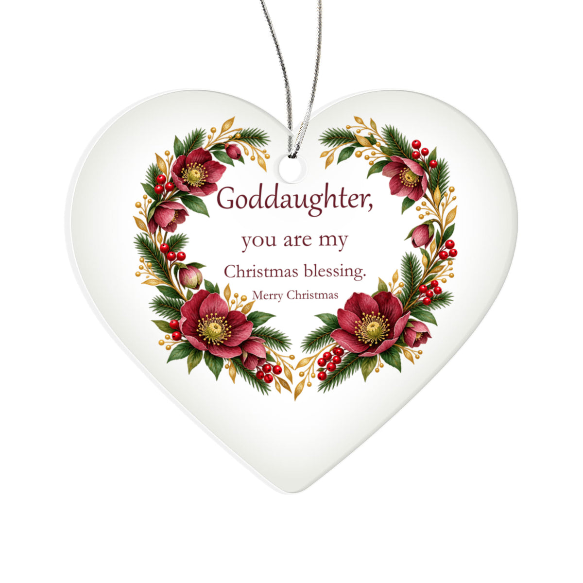 Goddaughter Christmas Ornament - Burgundy Floral Clear Acrylic Heart