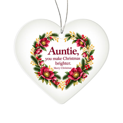 Auntie Christmas Ornament - You Make Christmas Brighter - Burgundy Floral Heart
