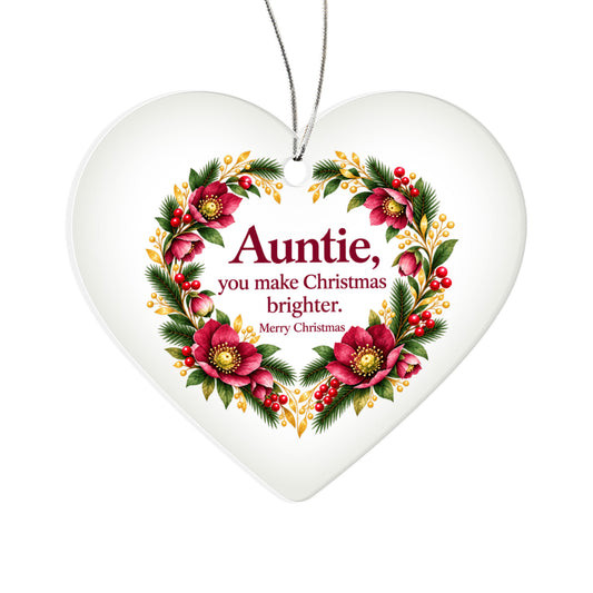 Auntie Christmas Ornament - You Make Christmas Brighter - Burgundy Floral Heart