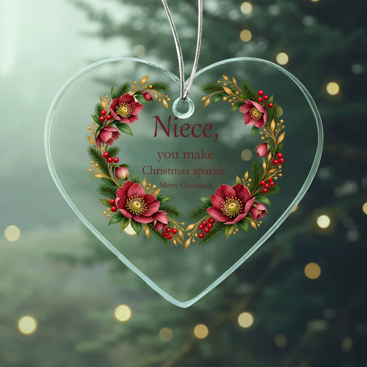 Niece Christmas Ornament - Burgundy Floral Clear Acrylic Heart