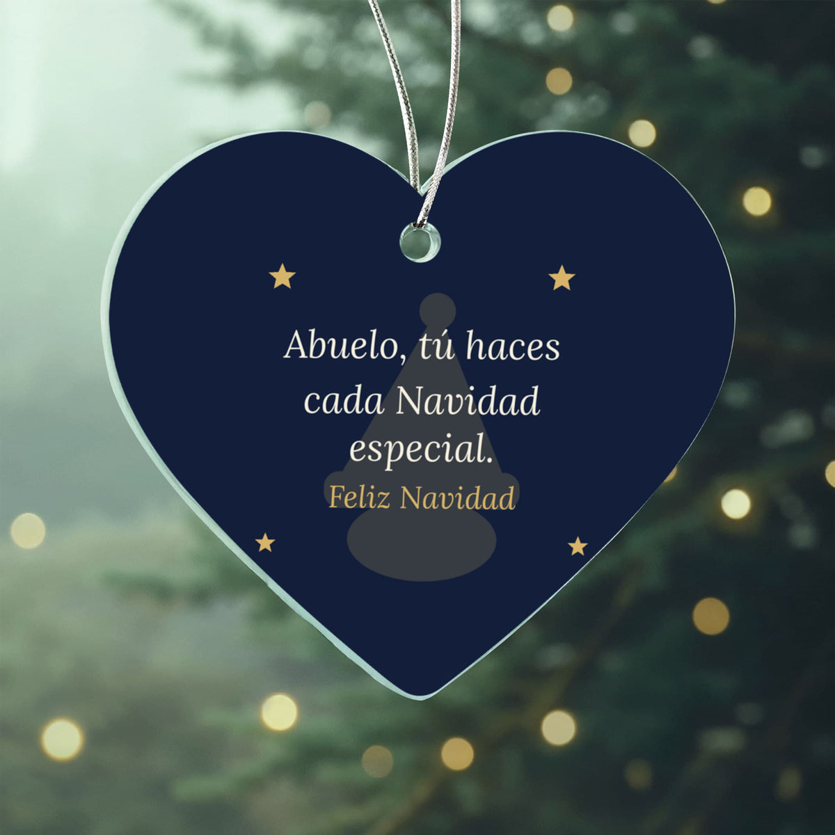 Christmas Ornament for Abuelo, Acrylic Heart with Santa Hat and Stars