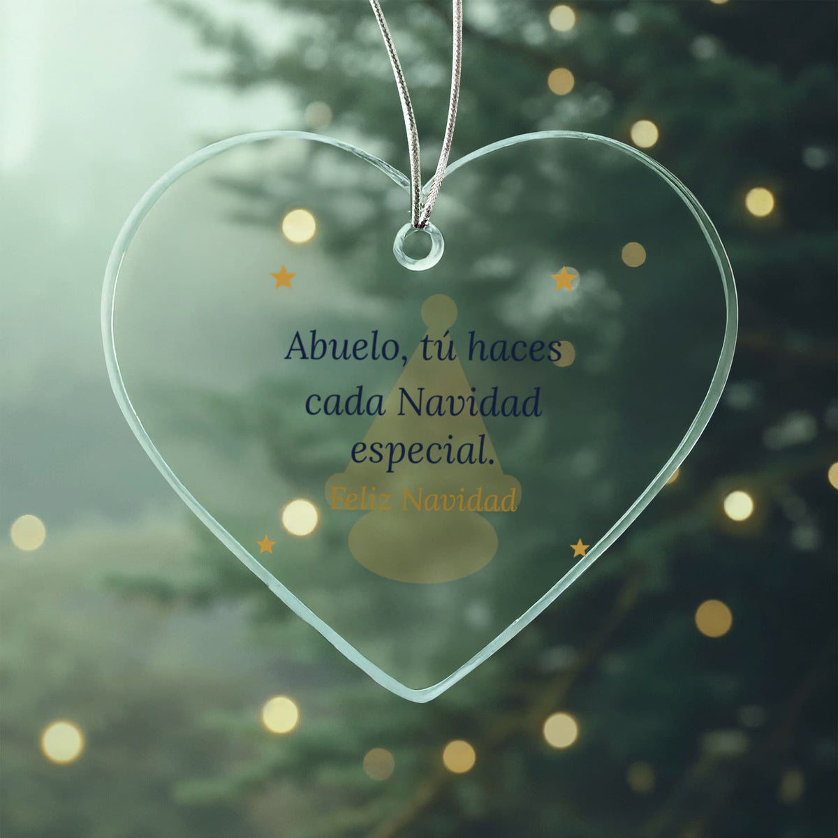 Christmas Ornament for Abuelo, Clear Acrylic Heart with Santa Hat and Stars