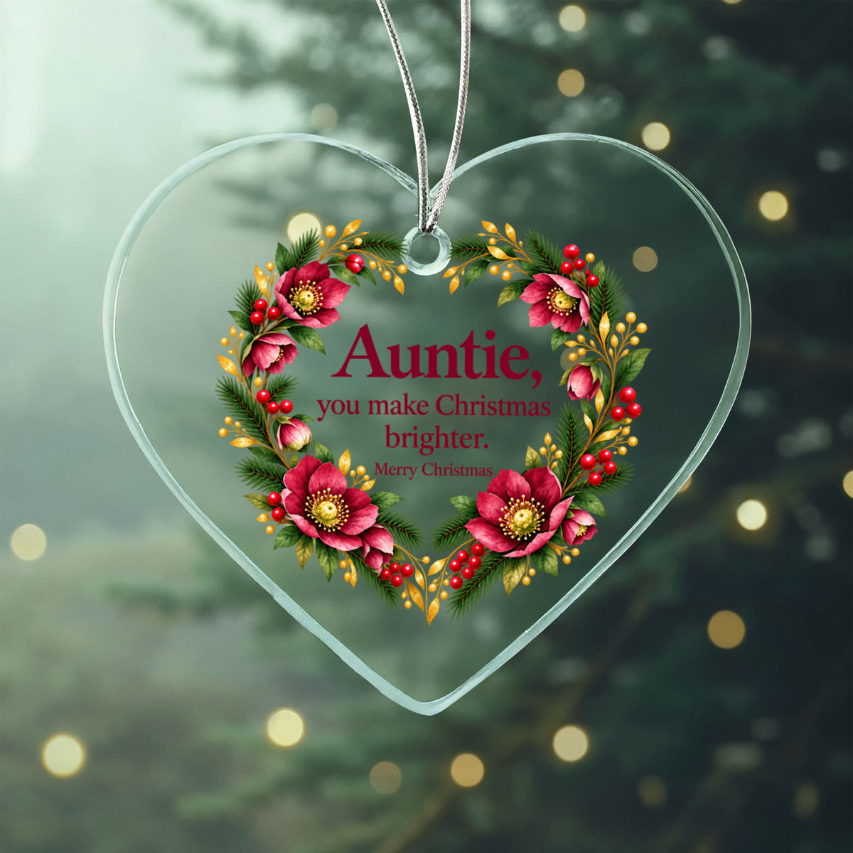 Auntie Christmas Ornament - You Make Christmas Brighter - Burgundy Floral Heart