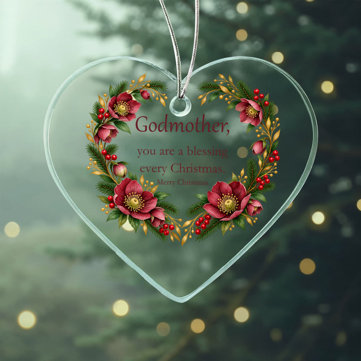 Godmother Christmas Ornament - Burgundy Floral Clear Acrylic Heart