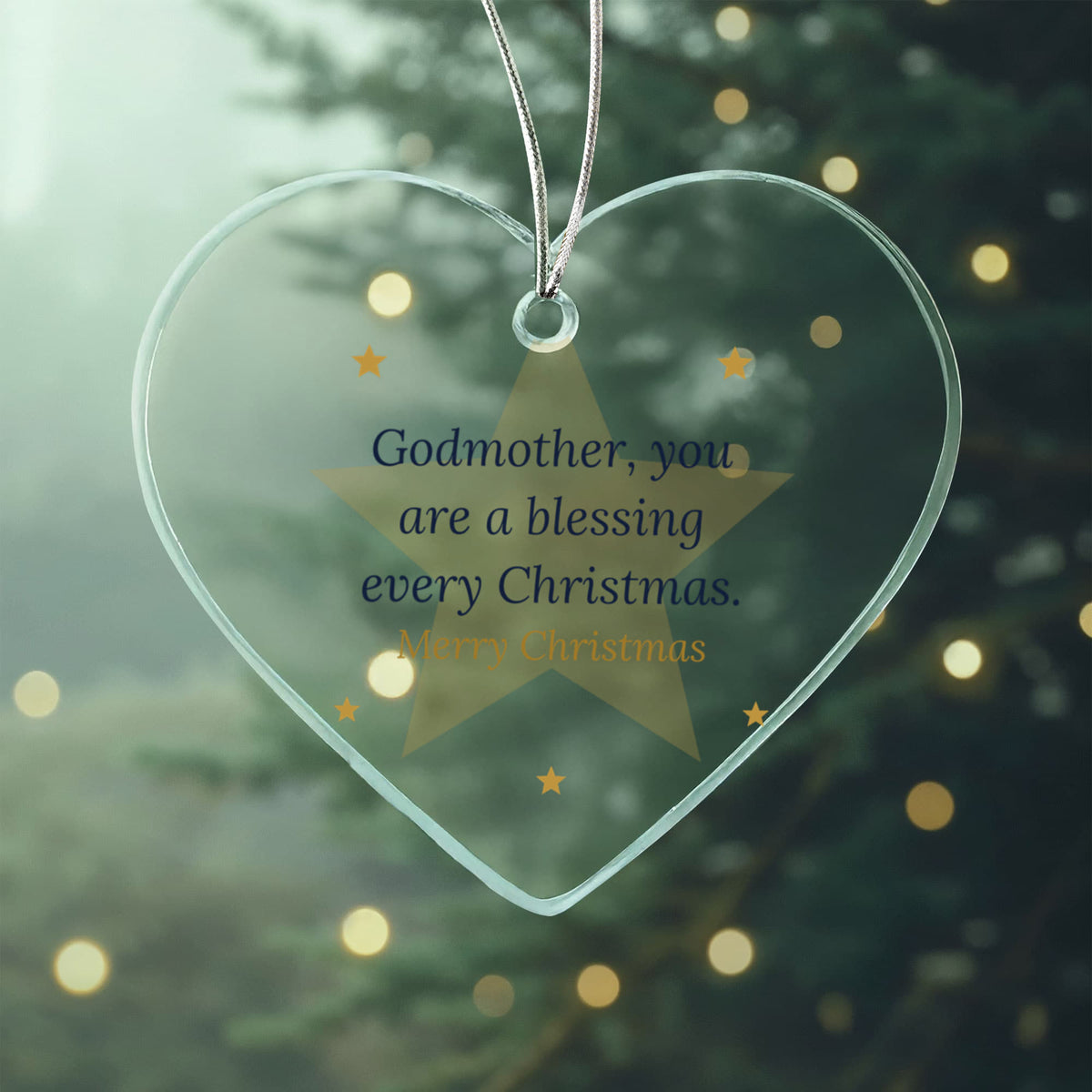 Christmas Ornament for Godmother, Clear Acrylic Heart with Stars