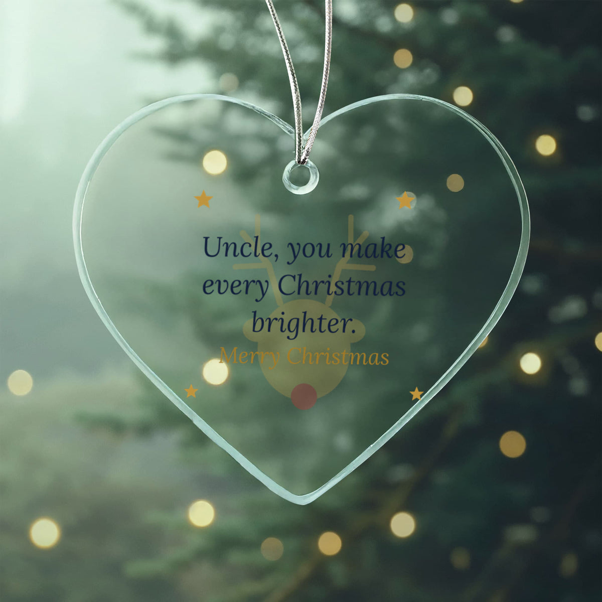 Christmas Ornament for Uncle, Clear Acrylic Heart with Reindeer and Stars