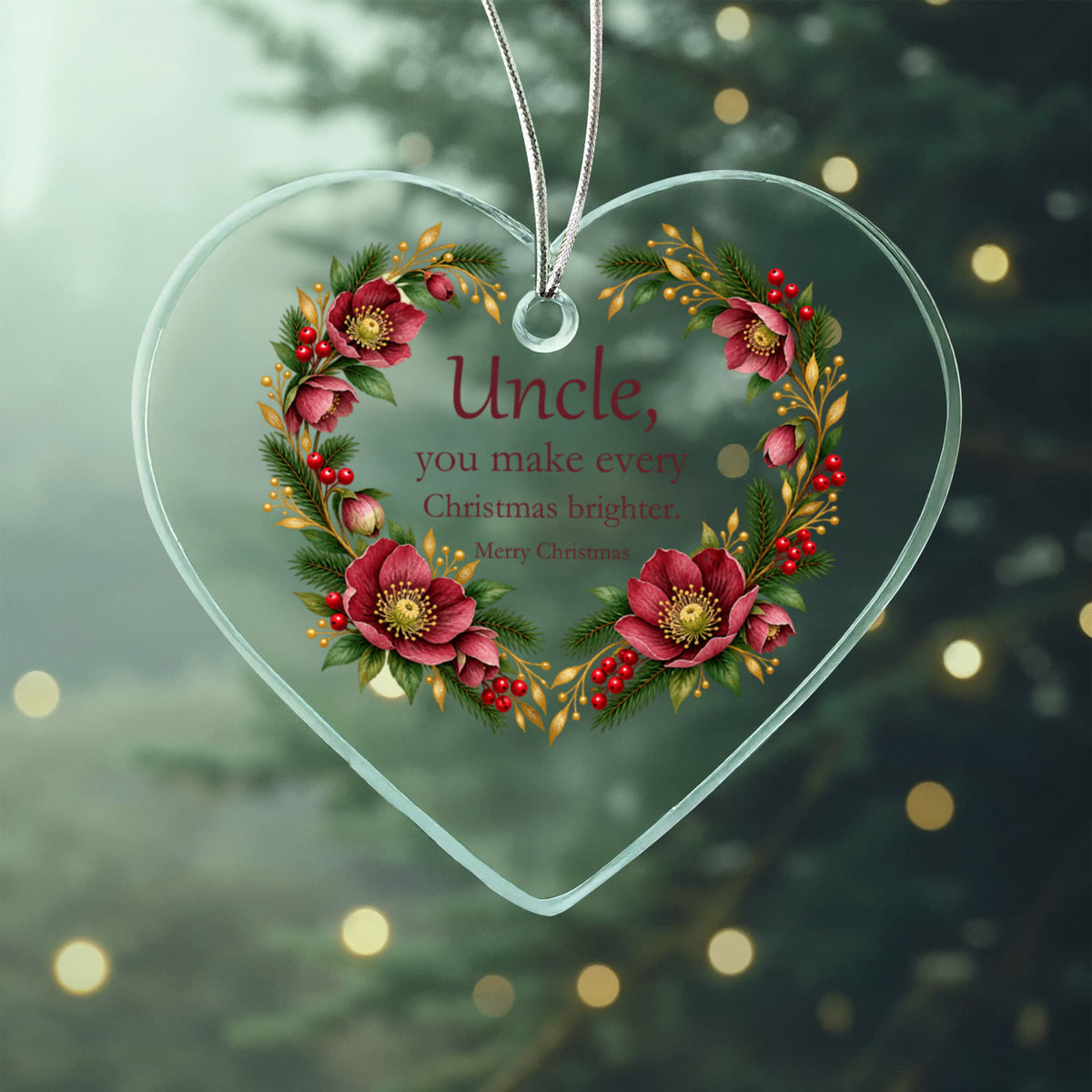 Uncle Christmas Ornament - Burgundy Floral Clear Acrylic Heart