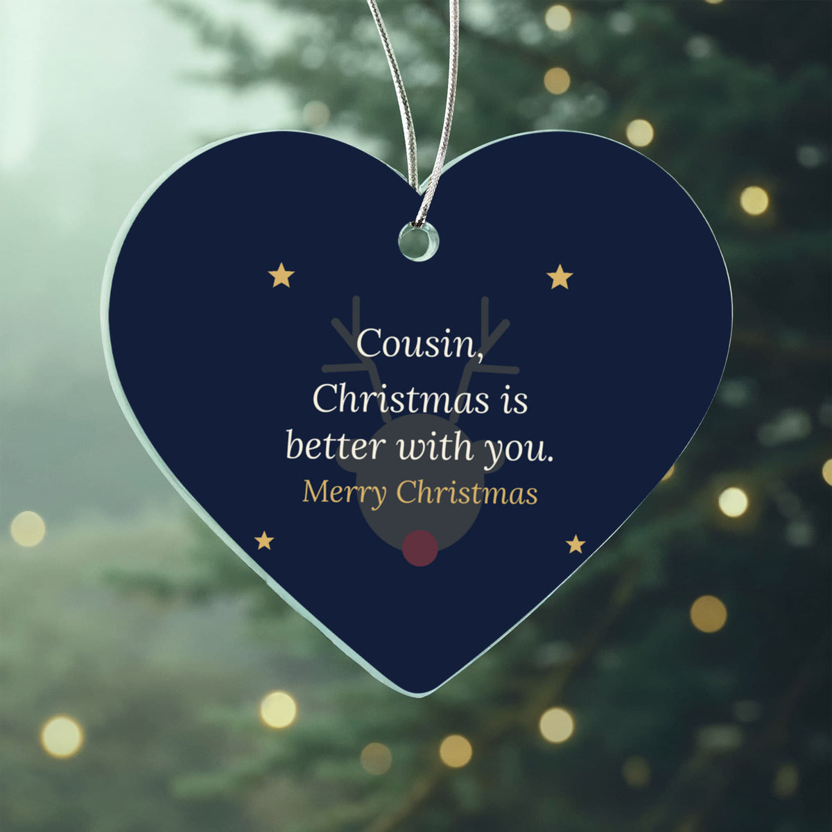 Christmas Ornament for Cousin, Acrylic Heart with Reindeer and Stars