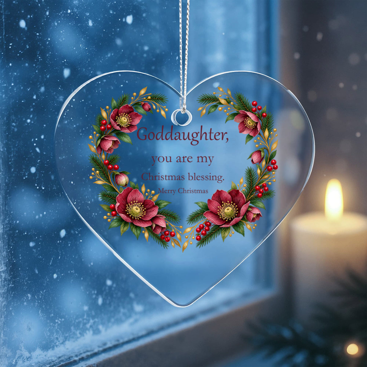 Goddaughter Christmas Ornament - Burgundy Floral Clear Acrylic Heart