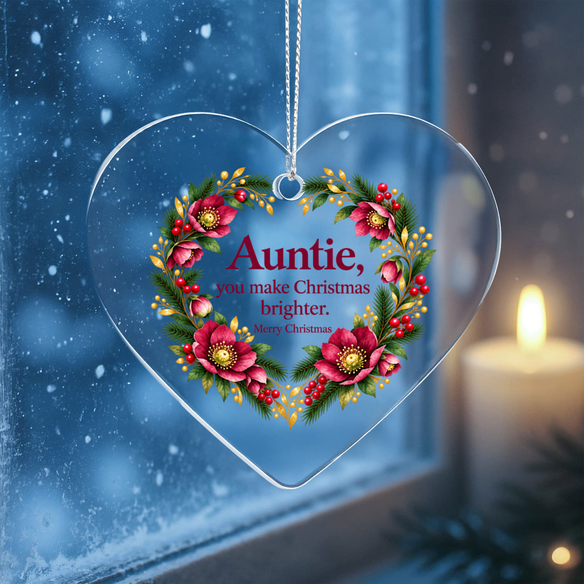 Auntie Christmas Ornament - You Make Christmas Brighter - Burgundy Floral Heart