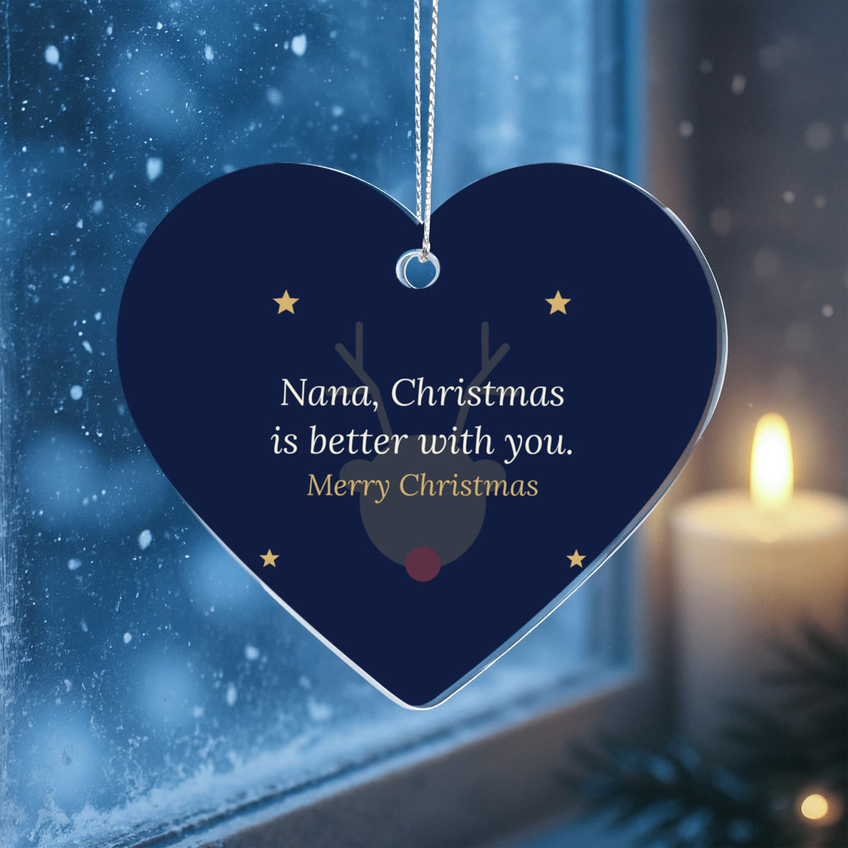 Christmas Ornament for Nana, Acrylic Heart with Reindeer and Stars
