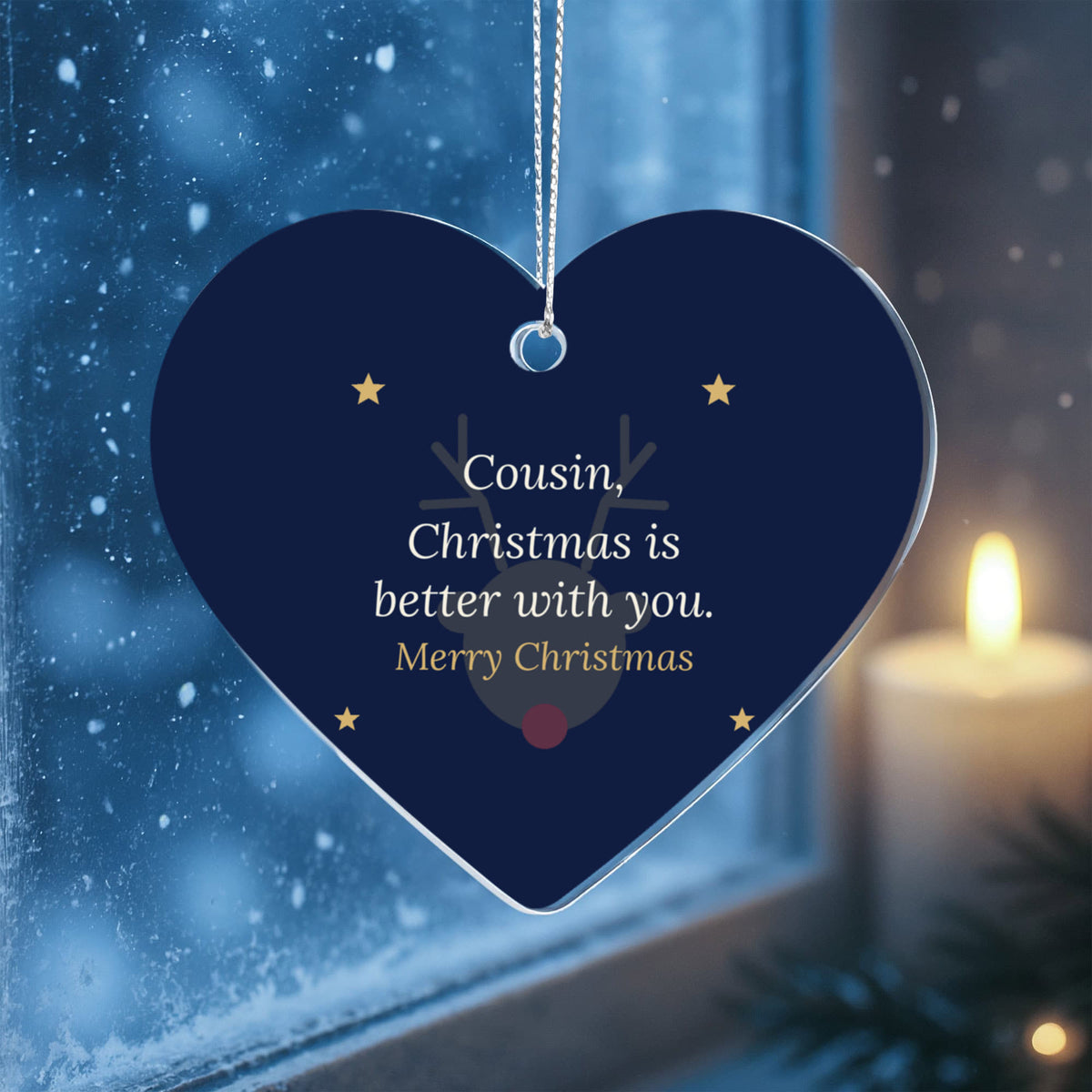 Christmas Ornament for Cousin, Acrylic Heart with Reindeer and Stars