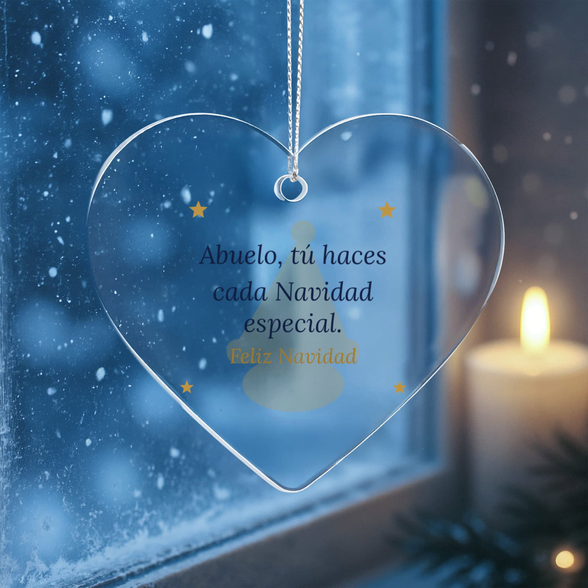 Christmas Ornament for Abuelo, Clear Acrylic Heart with Santa Hat and Stars