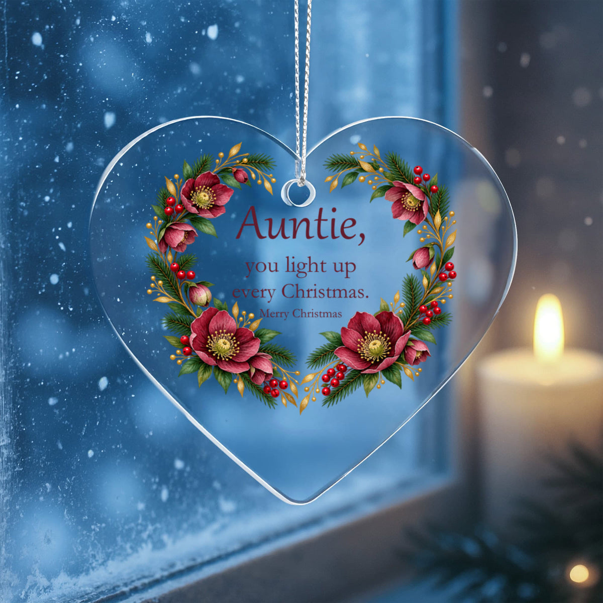 Auntie Christmas Ornament - Burgundy Floral Clear Acrylic Heart