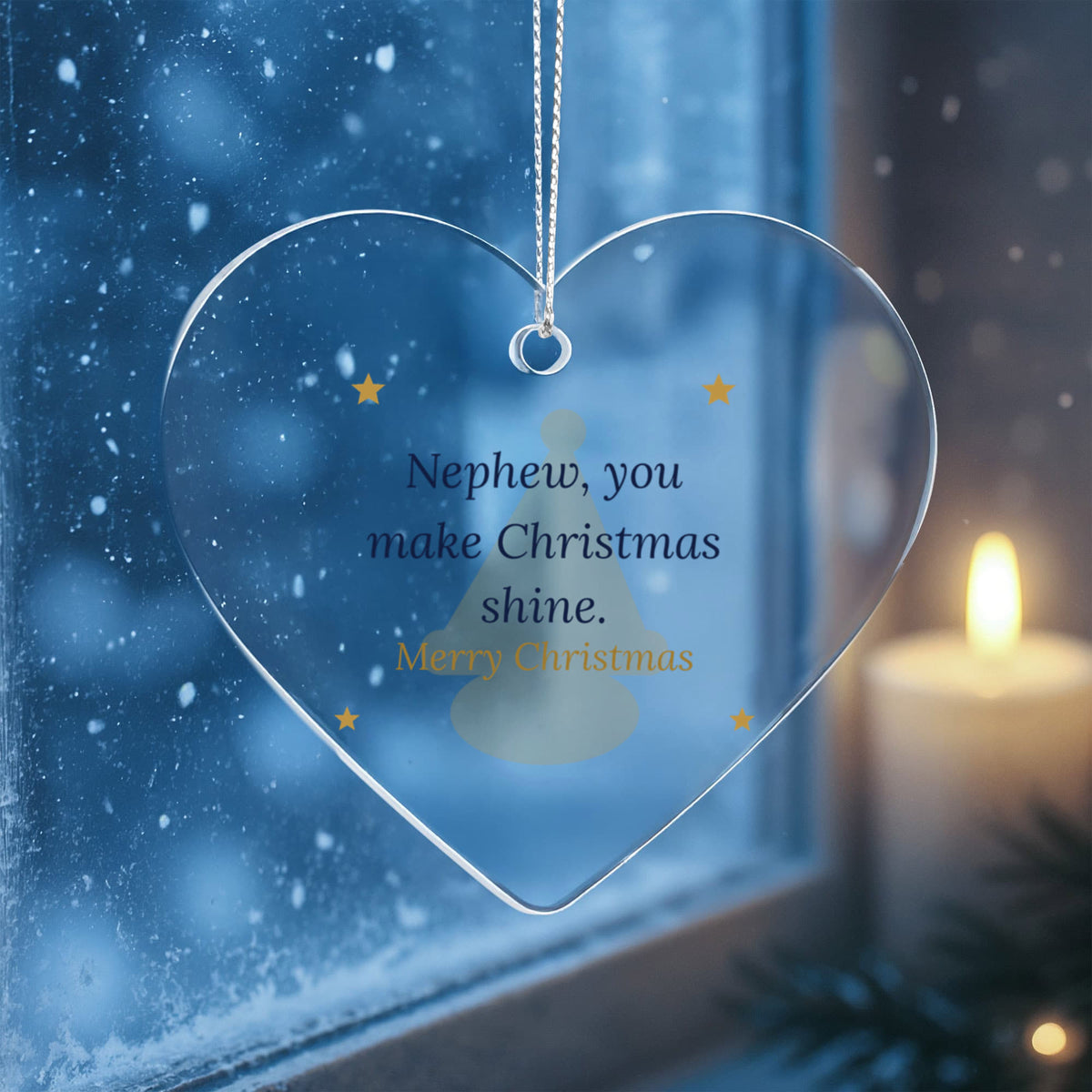 Christmas Ornament for Nephew, Clear Acrylic Heart with Santa Hat and Stars