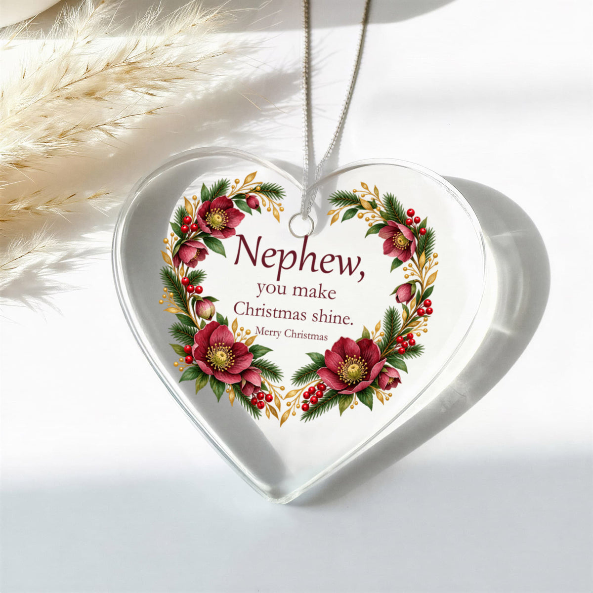 Nephew Christmas Ornament - Burgundy Floral Clear Acrylic Heart