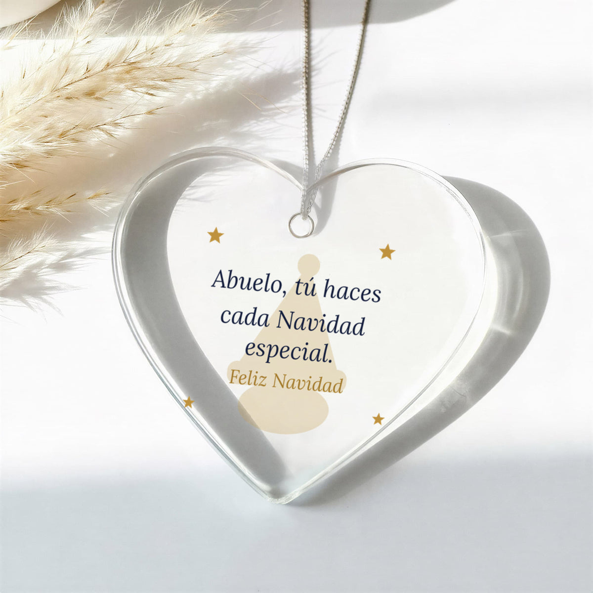 Christmas Ornament for Abuelo, Clear Acrylic Heart with Santa Hat and Stars