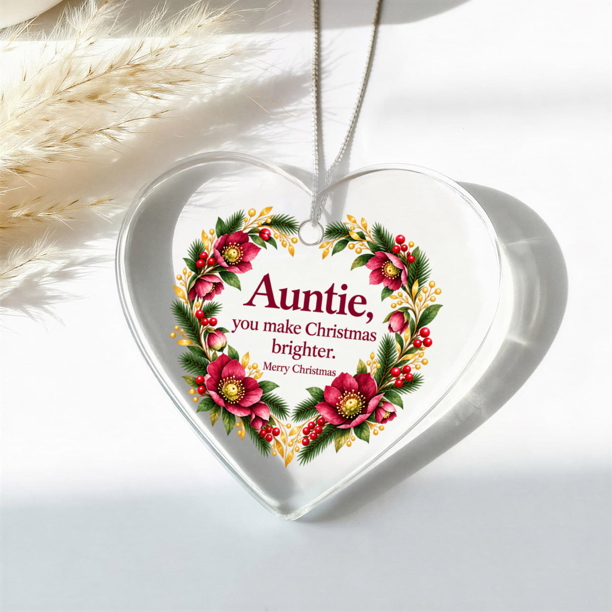 Auntie Christmas Ornament - You Make Christmas Brighter - Burgundy Floral Heart