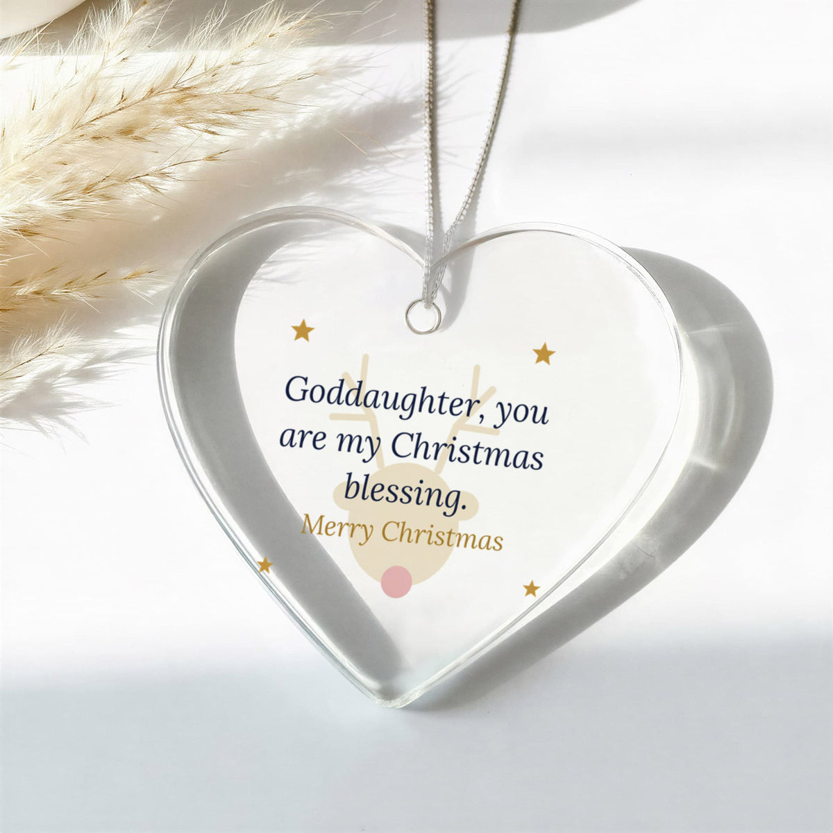 Christmas Ornament for Goddaughter, Clear Acrylic Heart with Reindeer and Stars