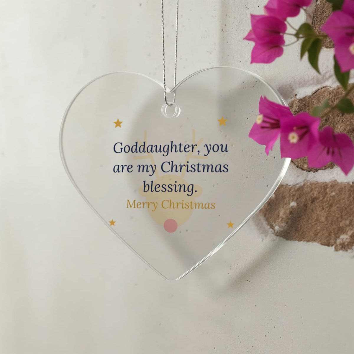 Christmas Ornament for Goddaughter, Clear Acrylic Heart with Reindeer and Stars