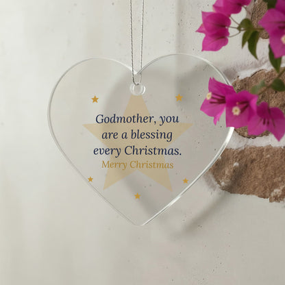 Christmas Ornament for Godmother, Clear Acrylic Heart with Stars
