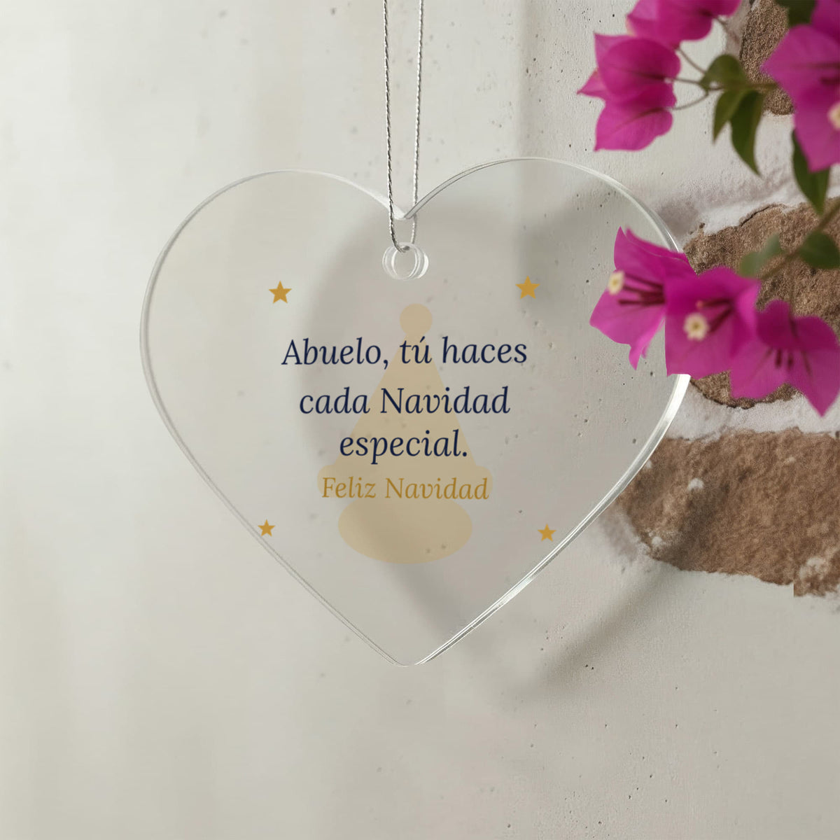 Christmas Ornament for Abuelo, Clear Acrylic Heart with Santa Hat and Stars