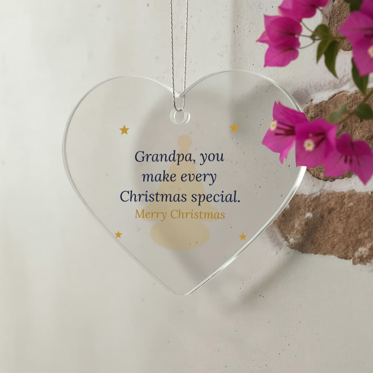 Christmas Ornament for Grandpa, Clear Acrylic Heart with Santa Hat and Stars