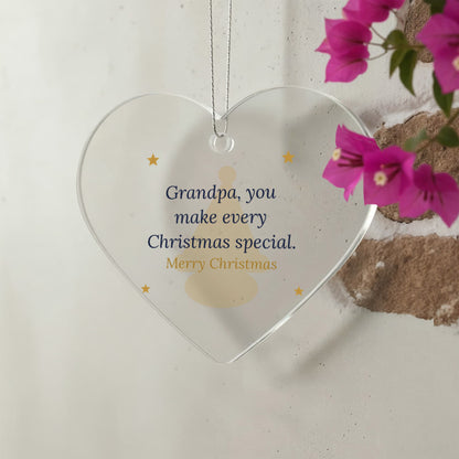 Christmas Ornament for Grandpa, Clear Acrylic Heart with Santa Hat and Stars