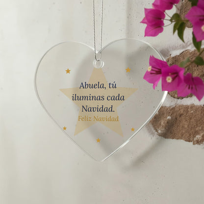 Christmas Ornament for Abuela, Clear Acrylic Heart with Stars