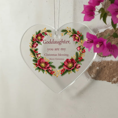 Goddaughter Christmas Ornament - Burgundy Floral Clear Acrylic Heart