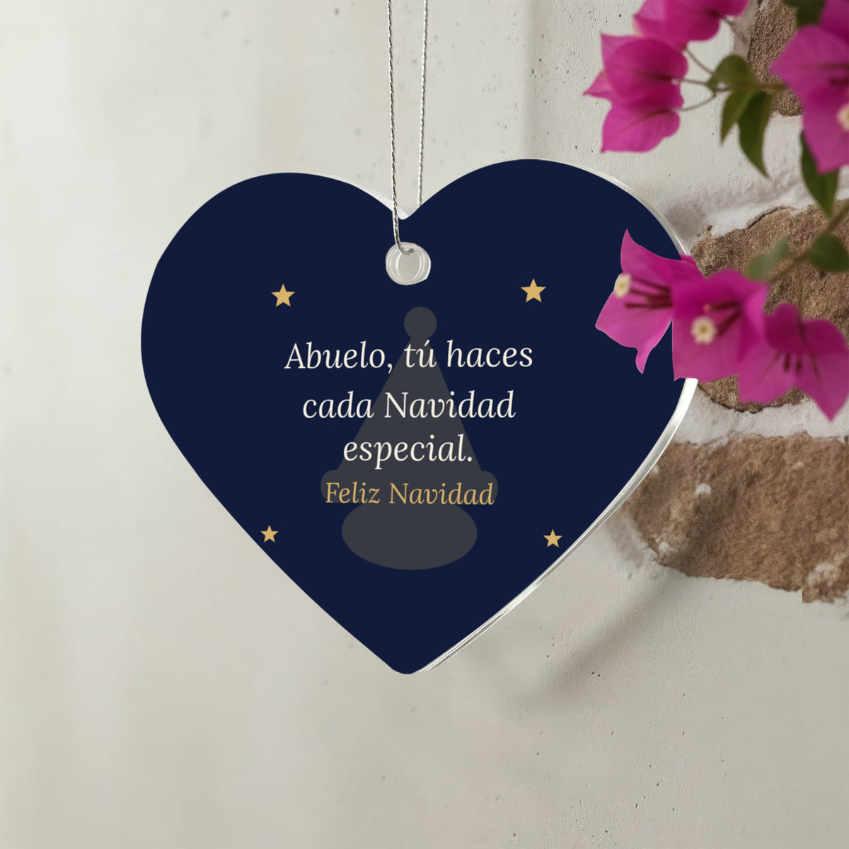 Christmas Ornament for Abuelo, Acrylic Heart with Santa Hat and Stars