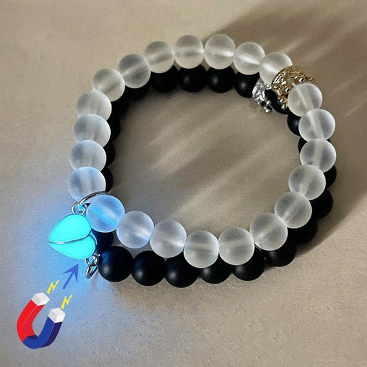 Fashion Jewelry 2pcs Handmade Crown Beaded Charms Bracelet Luminou Heart Glow In The Dark Couple Bracelet For Lover Men Women Fluorescent Gift - Babaccam