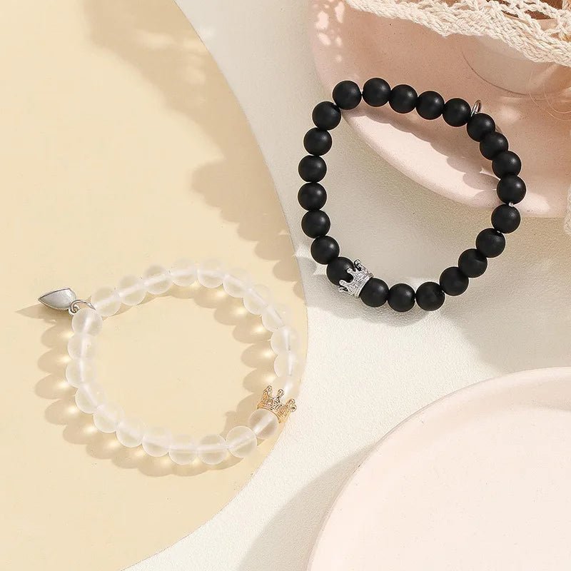 Fashion Jewelry 2pcs Handmade Crown Beaded Charms Bracelet Luminou Heart Glow In The Dark Couple Bracelet For Lover Men Women Fluorescent Gift - Babaccam