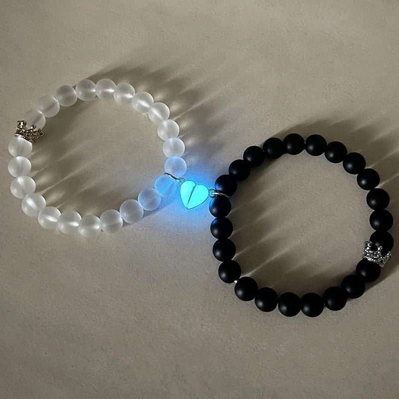 Fashion Jewelry 2pcs Handmade Crown Beaded Charms Bracelet Luminou Heart Glow In The Dark Couple Bracelet For Lover Men Women Fluorescent Gift - Babaccam